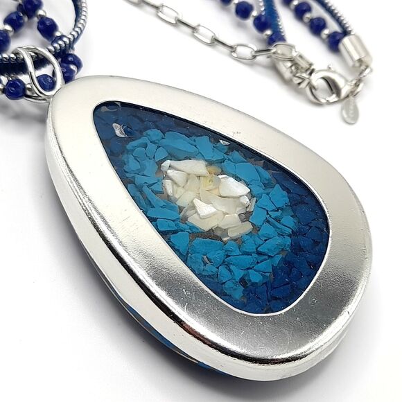 Chico's Faux Turquoise Chip Huge 4" Lucite Pendant Beaded Necklace 33" - Picture 5 of 11